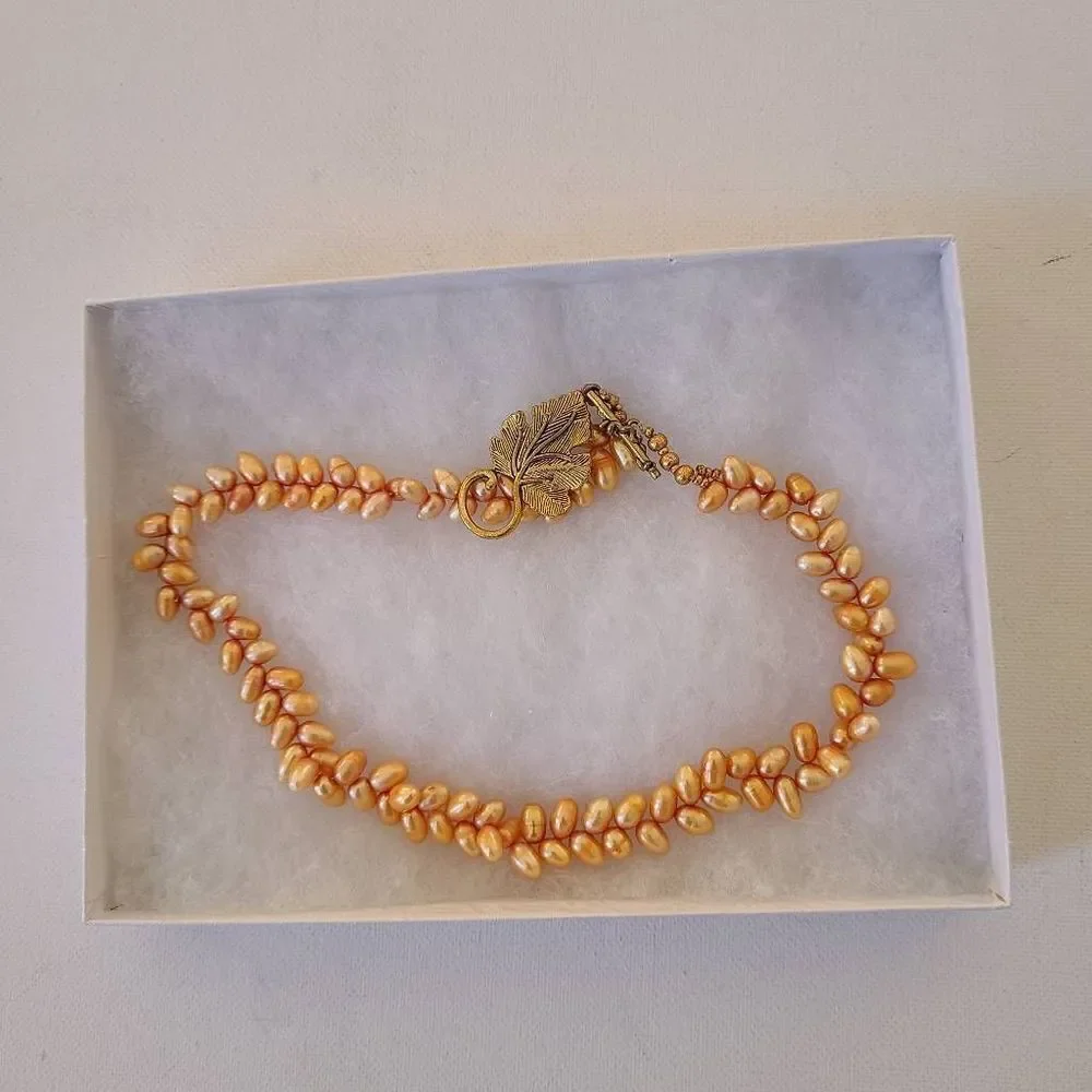 Womens Soft Golden Orange Gold Leaf Closure Double Layer Seed Pearl Necklace